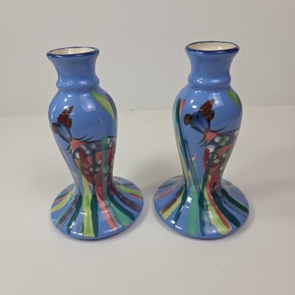 Mexican Hand Painted Candle Sticks 6 Inch Blue Set of 2 Art Pottery Vintage 2001 - Picture 8 of 9